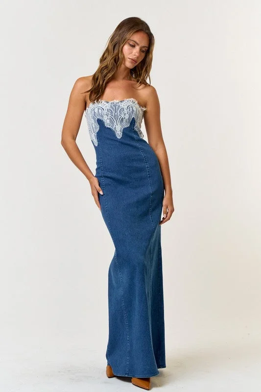 Lovely In Lace 'N Denim Tube Maxi Dress