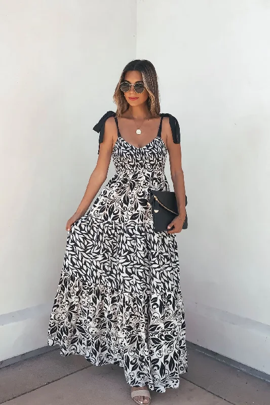 Floral Smock Tiered Maxi Dress With Black Tie Straps