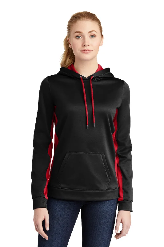 Sport-Tek Womens Sport-Wick Moisture Wicking Fleece Hooded Sweatshirt Hoodie w/ Pouch Pocket - Black/Deep Red - Closeout