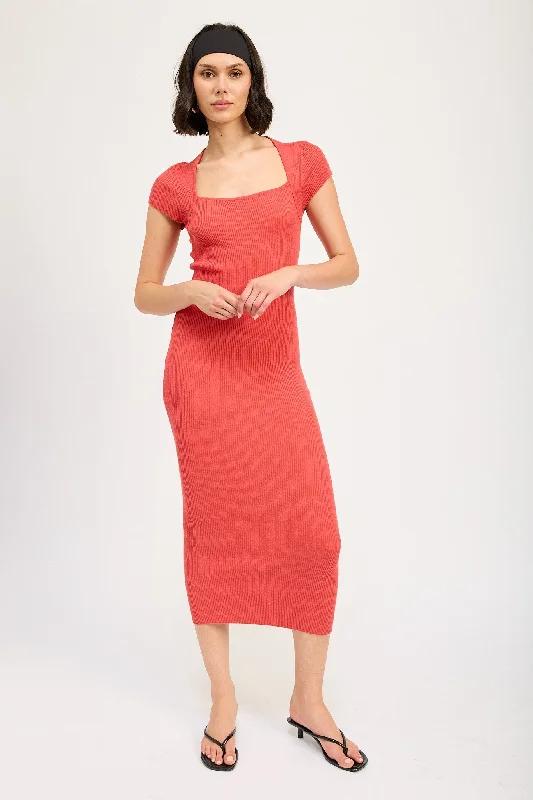 Coral Knit Square Neck Fitted Midi Dress