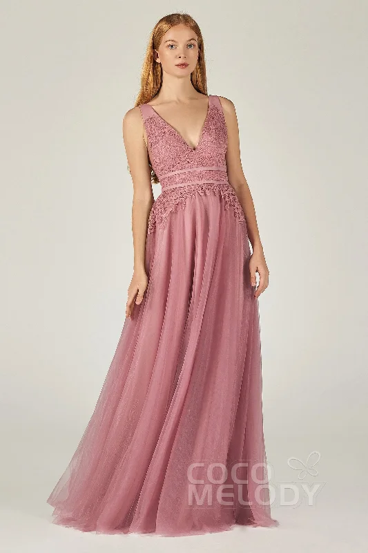 A-Line Floor Length Tulle Lace Bridesmaid Dress CB0379