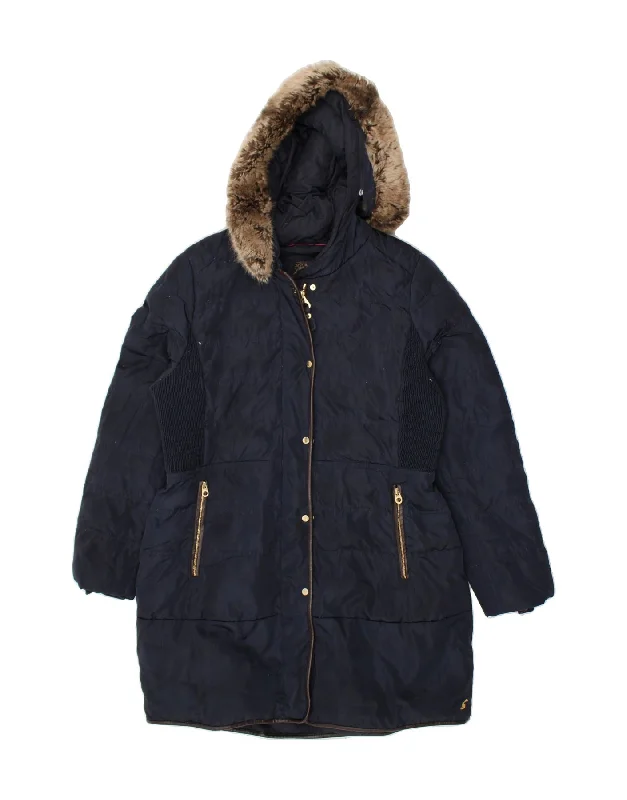 JOULES Womens Hooded Parka Jacket UK 16 Large Navy Blue Polyester