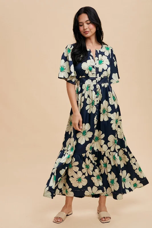 Navy Notched Collar Floral Button Down Maxi Dress