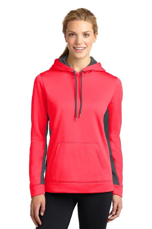 Sport-Tek Womens Sport-Wick Moisture Wicking Fleece Hooded Sweatshirt Hoodie w/ Pouch Pocket - Hot Coral Pink/Dark Smoke Grey - Closeout