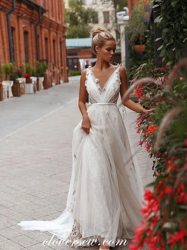 3D Applique Embroidery Tulle V-neck Open Back A-line Wedding Dresses,CW0139