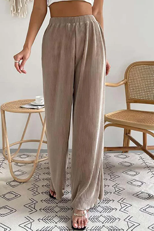 TastyHottie - Casual Solid Color Elastic Waist Wide Leg Long Pants