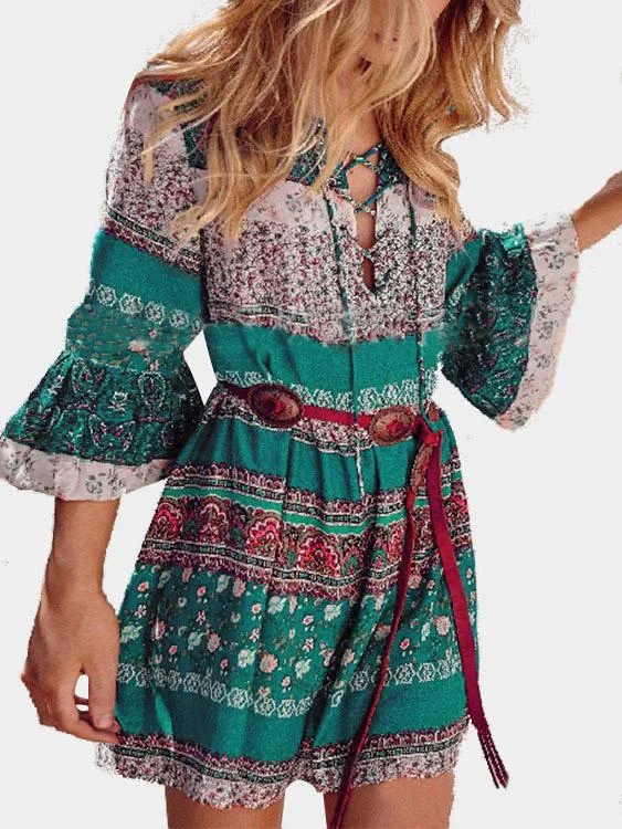 Wholesale V-Neck 3/4 Sleeve Length Floral Print Lace-Up Mini Dress