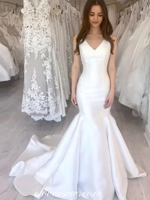 Off White Satin V-neck Mermaid Elegant Wedding Dresses,CW0155