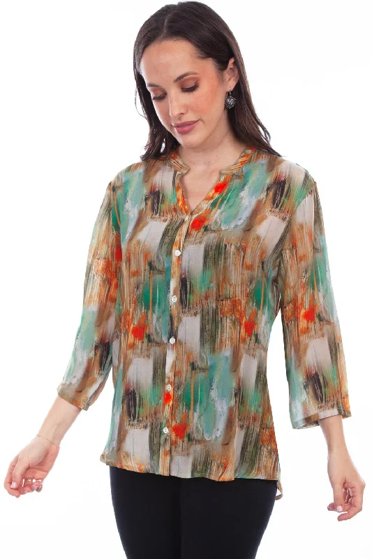 Scully Womens Turquoise Rayon Watercolor S/S Blouse