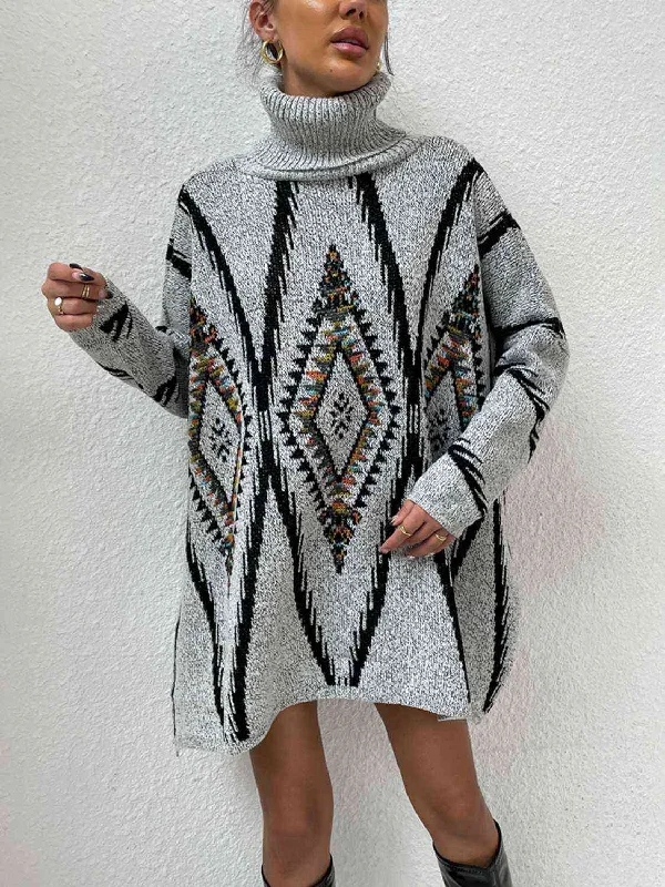 TastyHottie - Turtleneck Slit Geometric Sweater