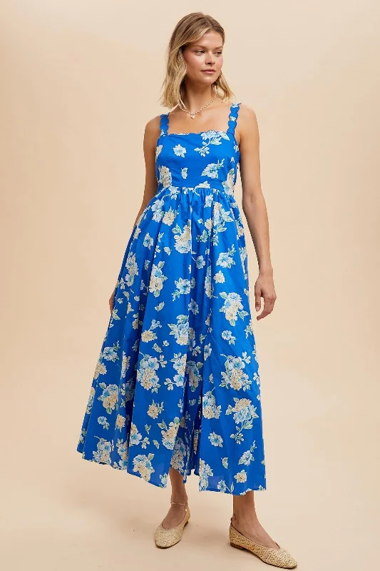 Royal Blue Floral Bold Print Cotton Maxi Dress