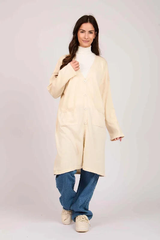 Women Long Buttoned Cardigan Off White