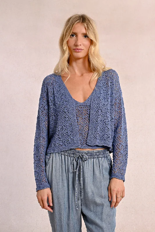 Molly Bracken Openwork Denim Blue Knitted Cardigan