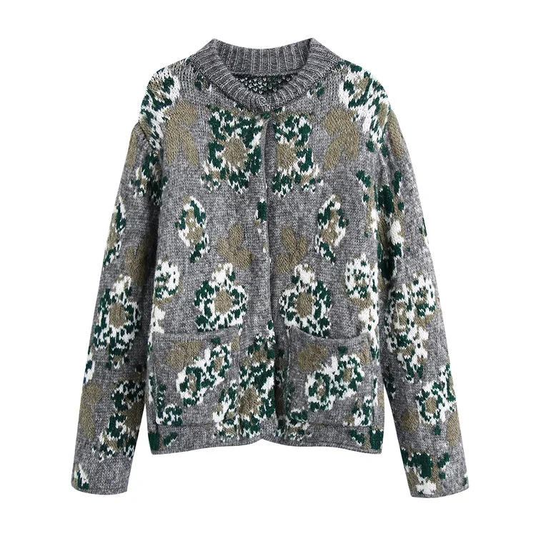 New Vintage flower jacquard knitted cardigan coat sweater  7495