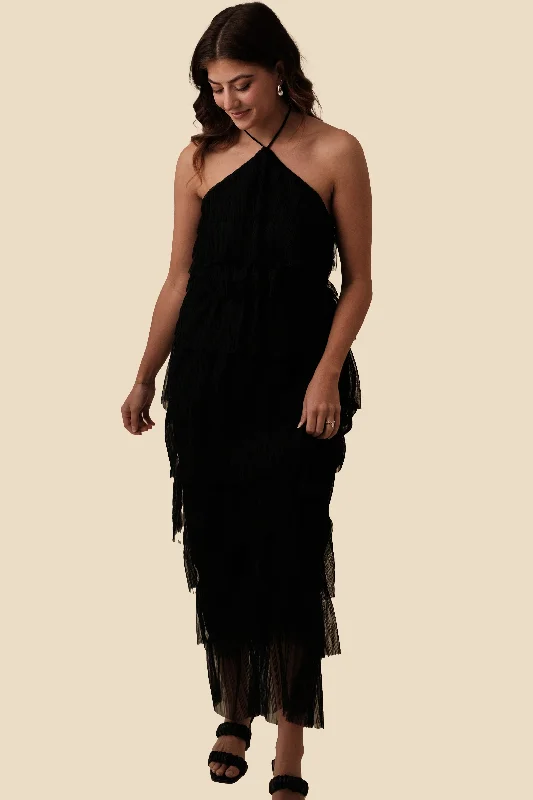 Bria Pleated Tulle Halter Maxi Dress (Black) M