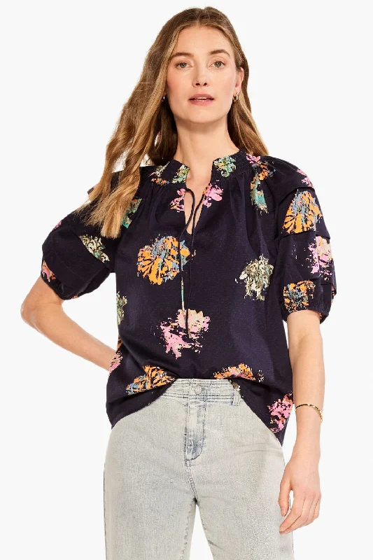 NIC+ZOE Indigo/Multi Bright Spot Tiered Puff Sleeve Top M231632