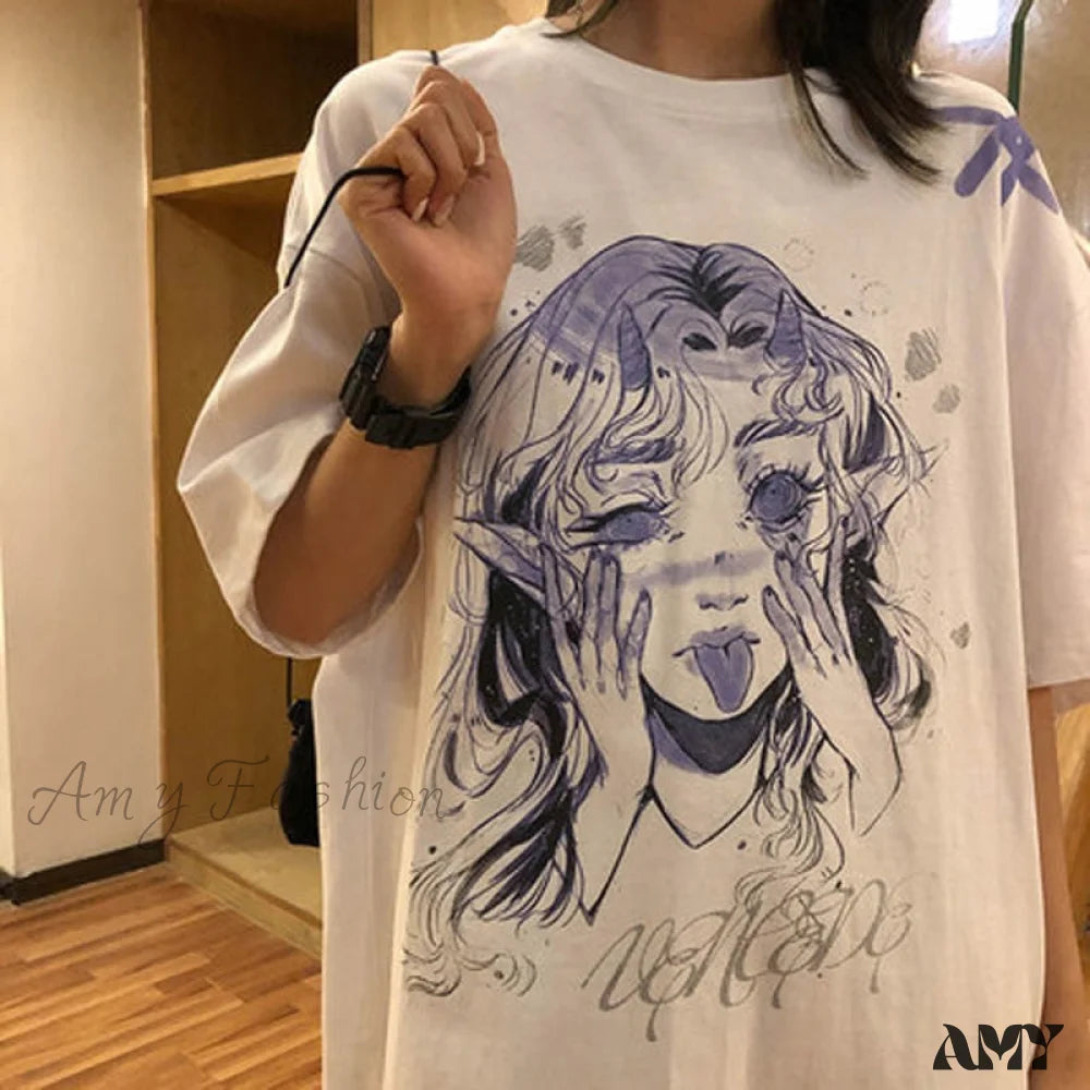 Amy Fashion - White Cartoon Female Kawaii Tops Tee