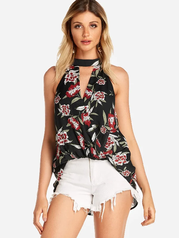 Custom V-Neck Floral Print Crossed Front Self-Tie Sleeveless Black Camis