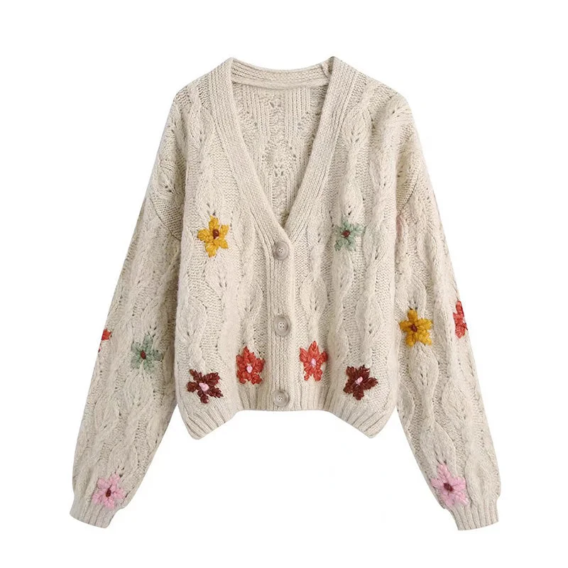 V-Neck long sleeve floral embroidery loose knit coat  7727