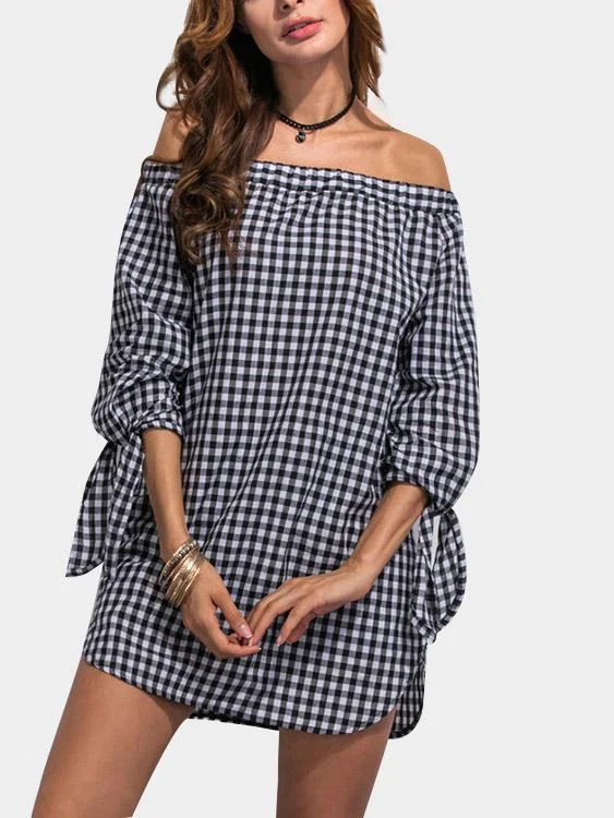 Wholesale Off The Shoulder Half Sleeve Grid Mini Dress