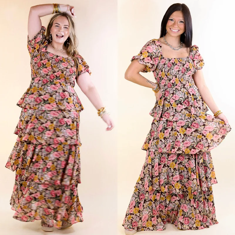 Fun Feeling Floral Tiered Maxi Dress with Smocked Balloon Sleeves in Brown Mix