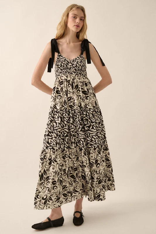 Black Leaf Print Smocked Shoulder Tie Tiered Maxi Dress