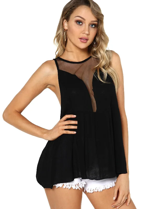 Custom Round Neck Deep V Neck Plain Backless See Through Sleeveless Irregular Hem Black Camis