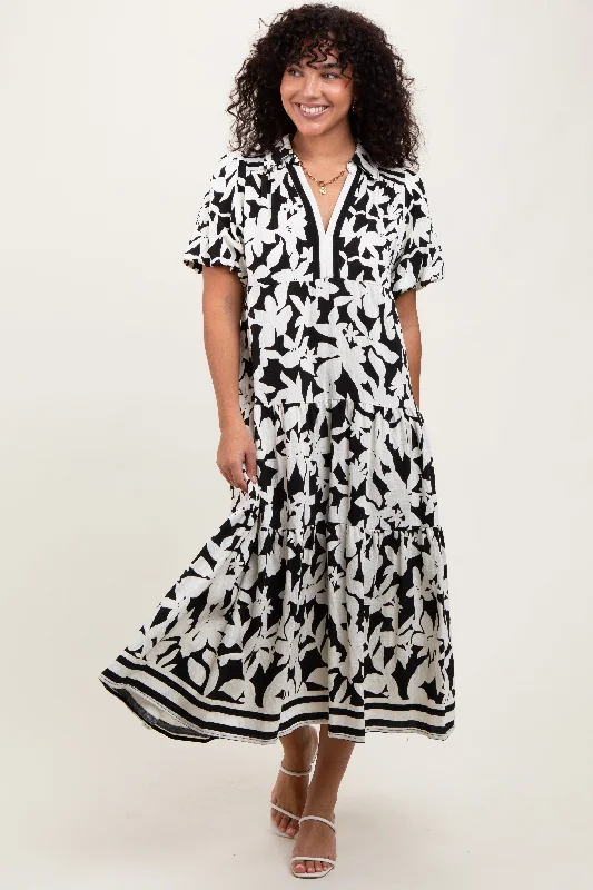 Black Botanical Print A Line Tiered Dress