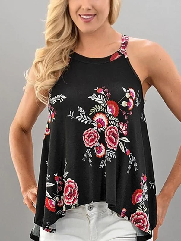 Custom Round Neck Floral Print Sleeveless Irregular Hem Black Camis