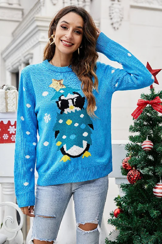 BerryBetty - Christmas Blue Penguin Knitted Pullover Sweater