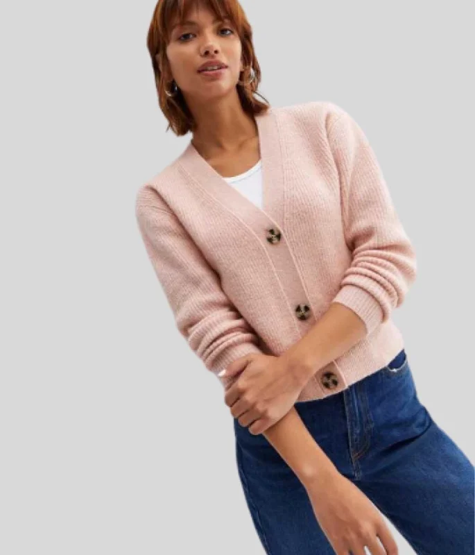 Powder Pink Ribbed Knit Button Cardigan