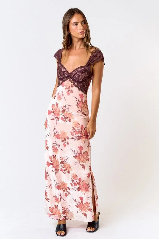 Burnout Velvet Lace Floral Maxi Dress