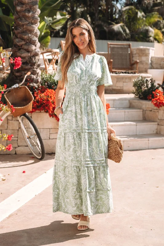 Sage Floral Print Tiered Maxi Dress