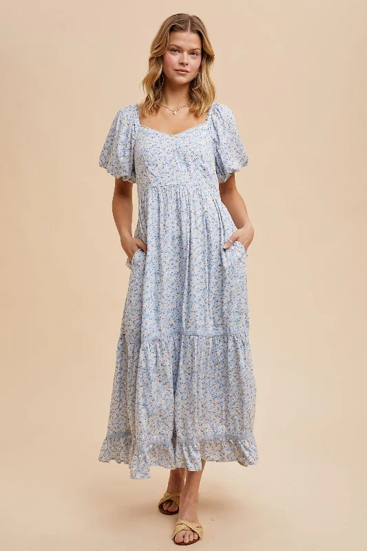 Light Blue Floral Sweetheart Maxi Dress