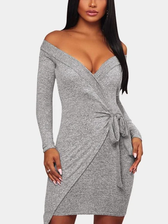 Wholesale Light Grey Off The Shoulder Long Sleeve Plain Irregular Hem Mini Dress