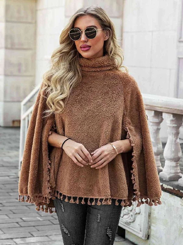 TastyHottie - Full Size Turtleneck Tassel Hem Poncho