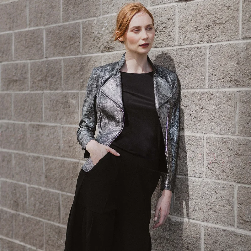 Metallic Liquid Leather™ Textured Biker Jacket - Gunmetal Silver