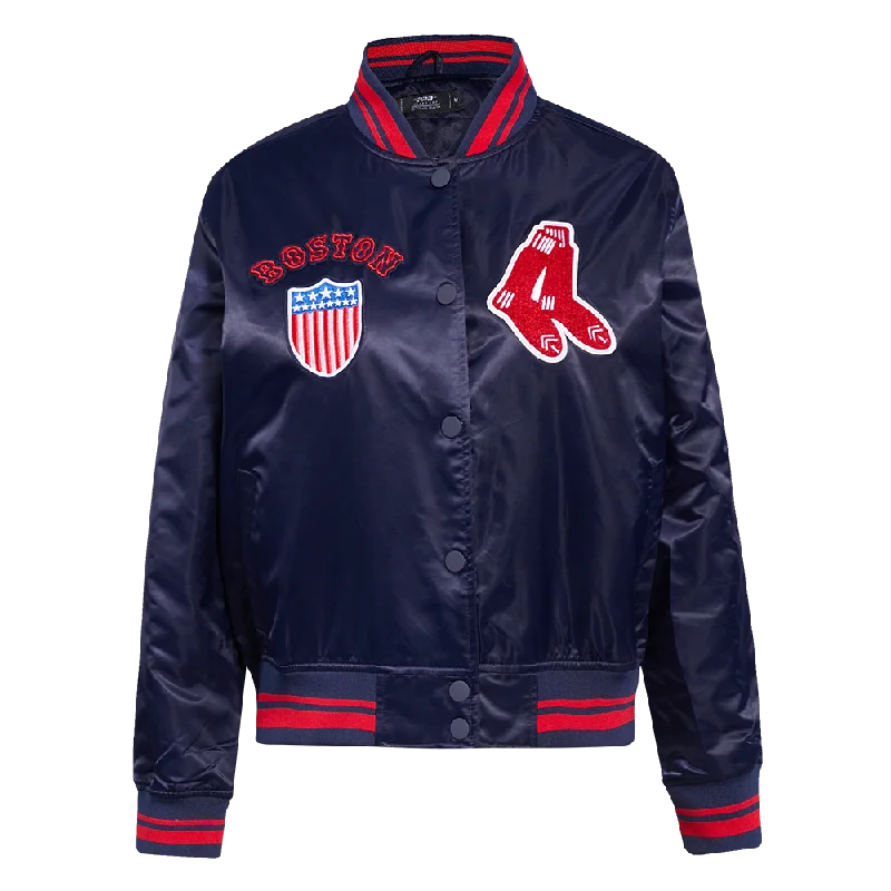 MLB BOSTON RED SOX RETRO CLASSIC WOMEN'S RIB SATIN JACKET (MIDNIGHT NAVY/RED/MIDNIGHT NAVY)