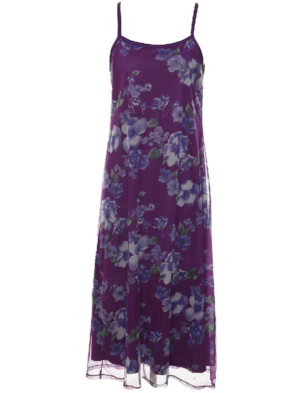 Floral Print Purple Strappy Evening Dress - M