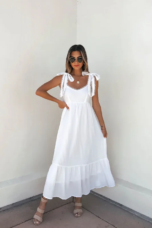 White Bow Tie Strap Tiered Maxi Dress