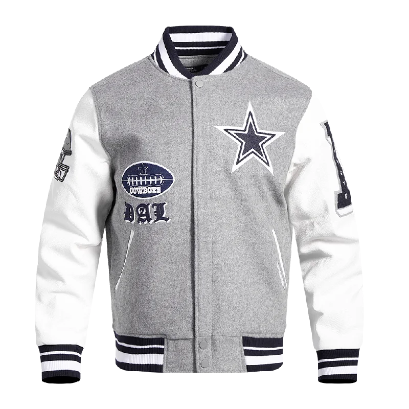 NFL DALLAS COWBOYS OLD ENGLISH MEN'S RIB WOOL VARSITY JACKET (HEATHER GREY/WHITE/MIDNIGHT NAVY)