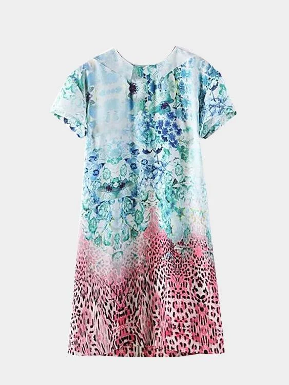 Wholesale Crew Neck Short Sleeve Leopard Floral Print Zip Back Mini Dress