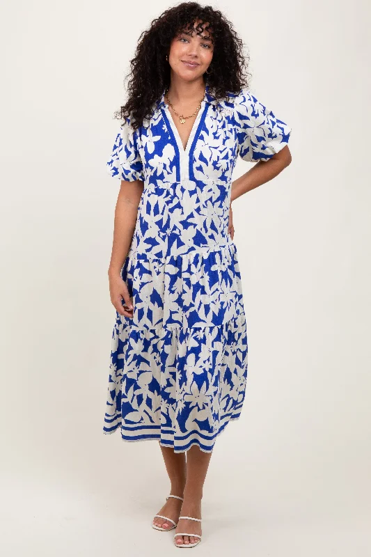 Blue Botanical Print A Line Tiered Dress