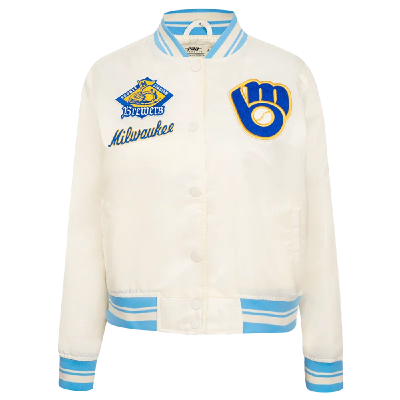 MLB MILWAUKEE BREWERS RETRO CLASSIC WOMEN'S RIB SATIN JACKET (EGGSHELL/ UNIVERSITY BLUE)