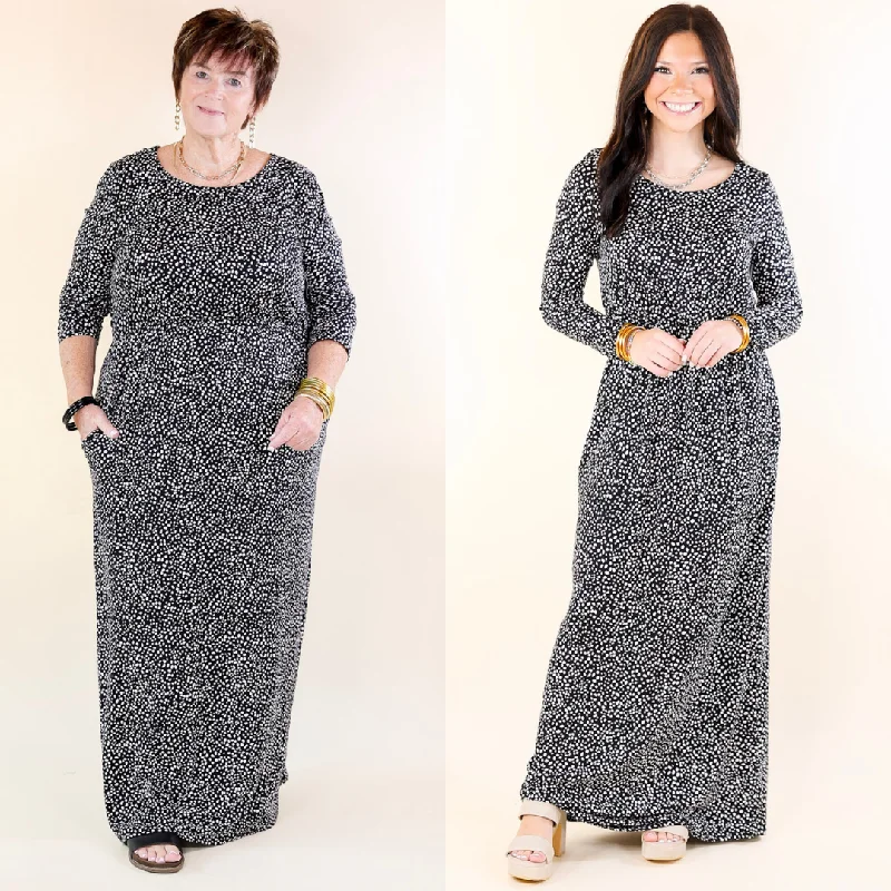 Downtown Spotlight Long Sleeve Dotted Babydoll Maxi Dress in Black