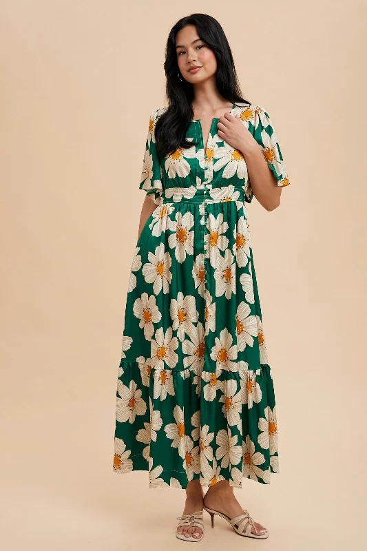 Emerald Notched Collar Floral Button Down Maxi Dress