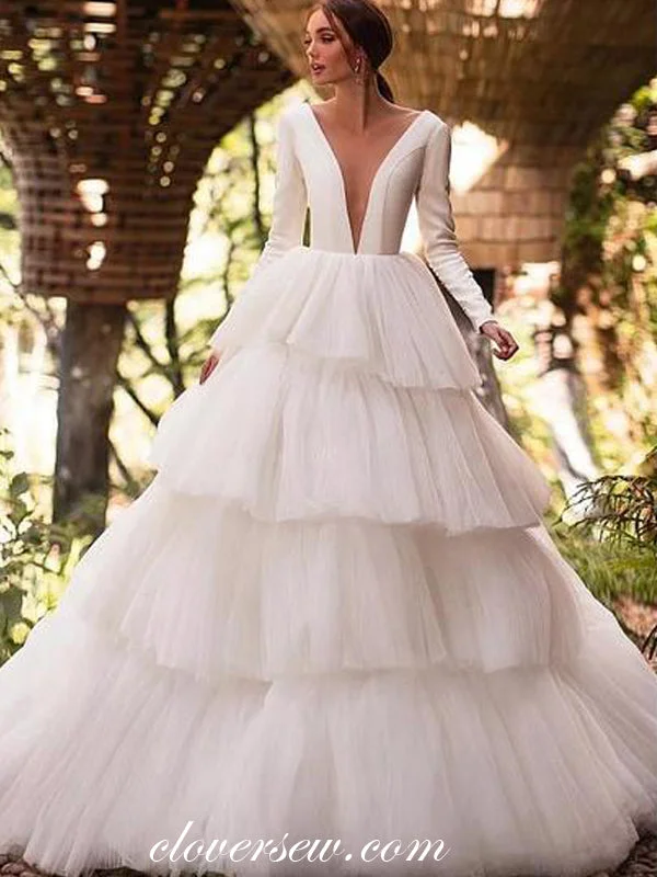 Satin Long Sleeves Tiered Tulle Cake Wedding Dresses,CW0148