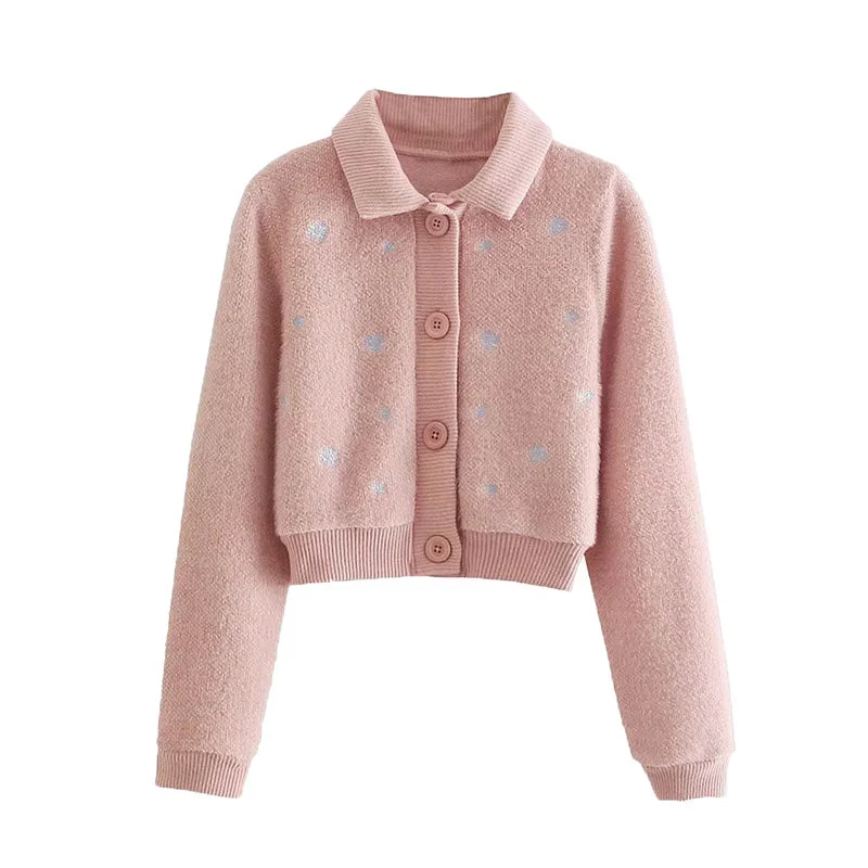 Sweet polo collar embroidered sweater cardigan coat  7738