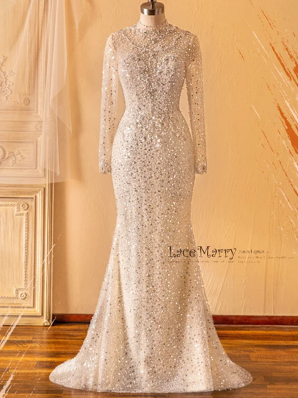 JACINDA / All Over Beaded Wedding Dress with Long Sleeves