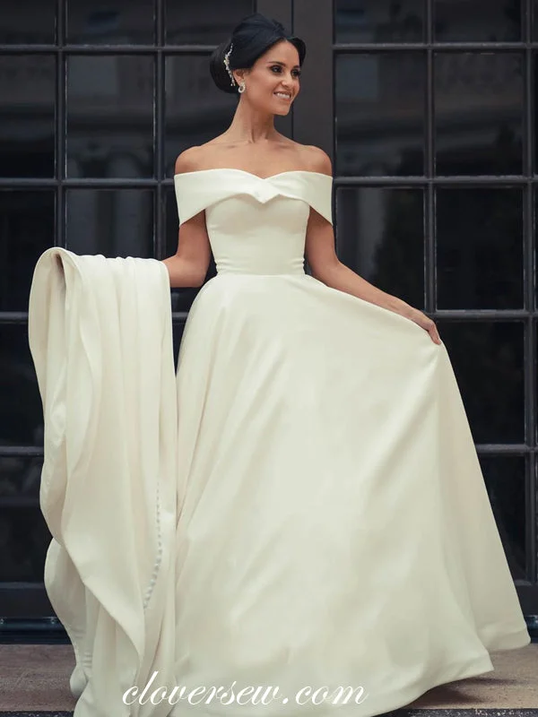 Off The Shoulder A-line Ivory Satin Simple Elegant Wedding Dresses ,CW0161